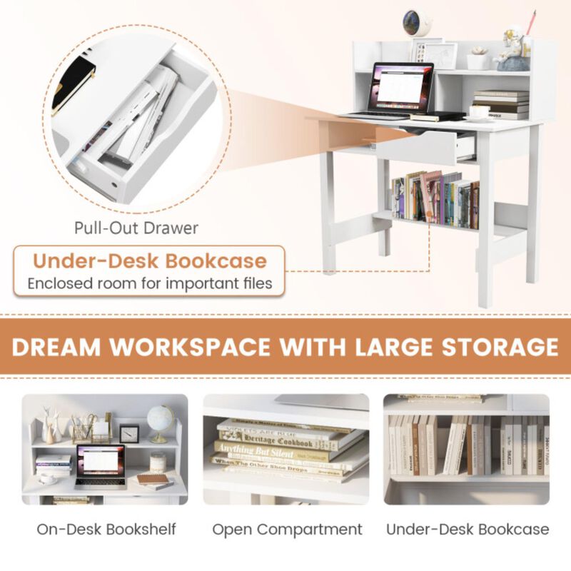 Hivvago Home Office Computer Desk with Storage Shelves and Drawer Ideal for Working and Studying