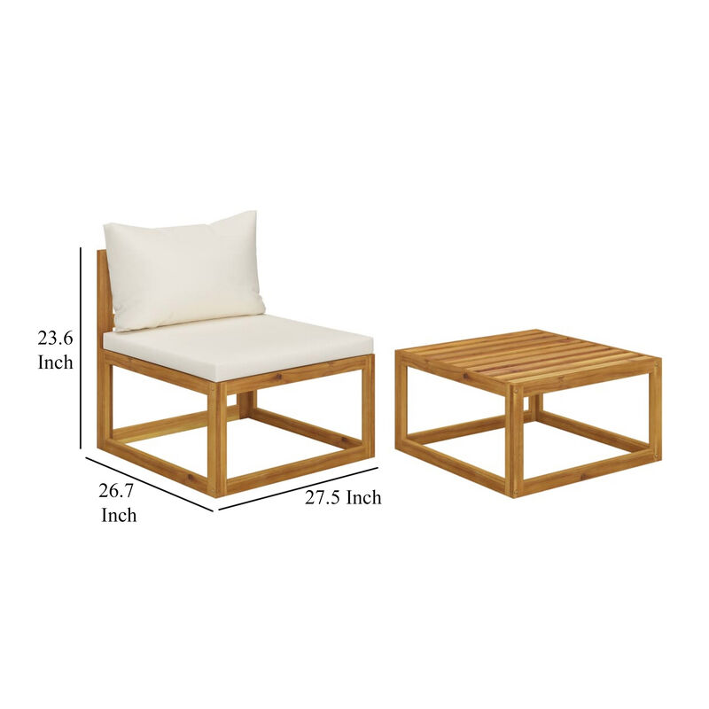 2pc Outdoor Chair and Table Set, Square Top, Brown Acacia Wood, White - Benzara