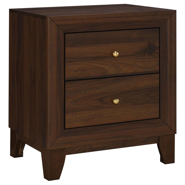 Yels Nightstand with 2 Drawers, Gold Metal Knobs, Walnut Brown  - Benzara