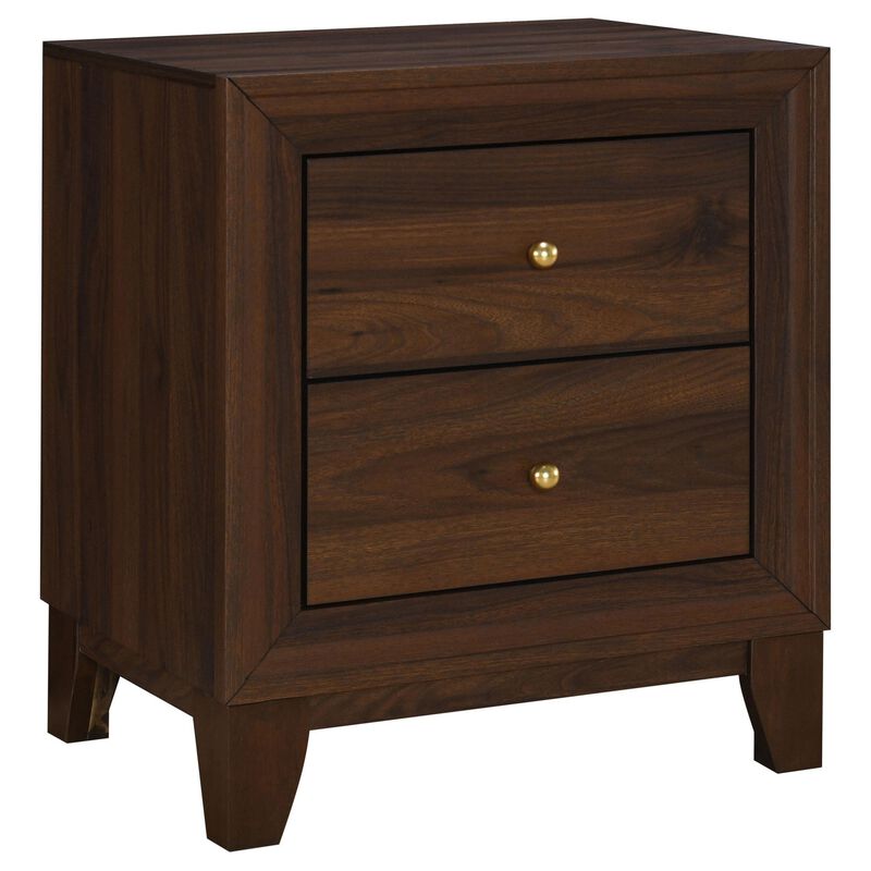 Yels Nightstand with 2 Drawers, Gold Metal Knobs, Walnut Brown  - Benzara