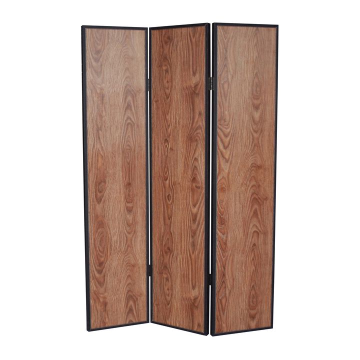 3 Panel Foldable Wooden Screen with Grain Details, Brown-Benzara