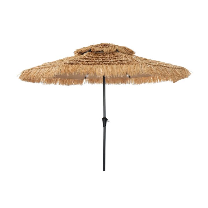 Mondawe 9 ft Hawaiian Style Crank Design 2 Tier Straw Patio Umbrella Shade with LED Light