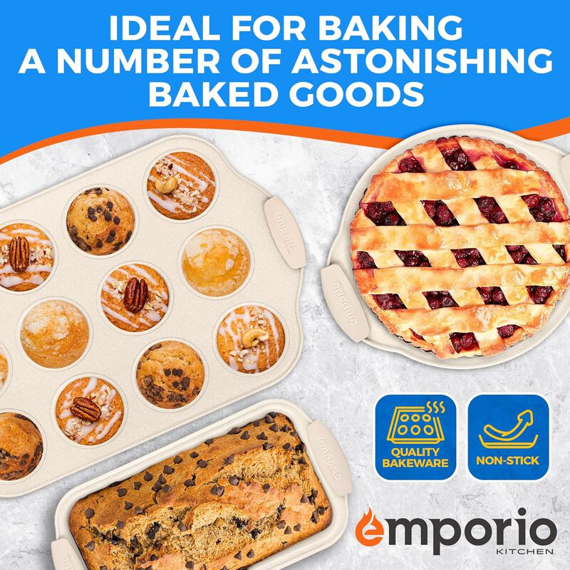 Baking Pan Set - Nonstick Coating, Carbon Steel Bakeware Set with White Silicone Handle, PFOA, PFOS, PTFE Free, Recipe Booklet Included, Oven Safe Tray (Up To 450° F), Set of 8 - White