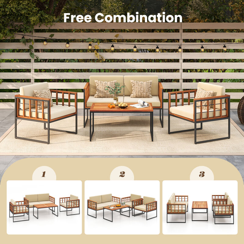 4 Pieces Acacia Wood Outdoor Sofa Set