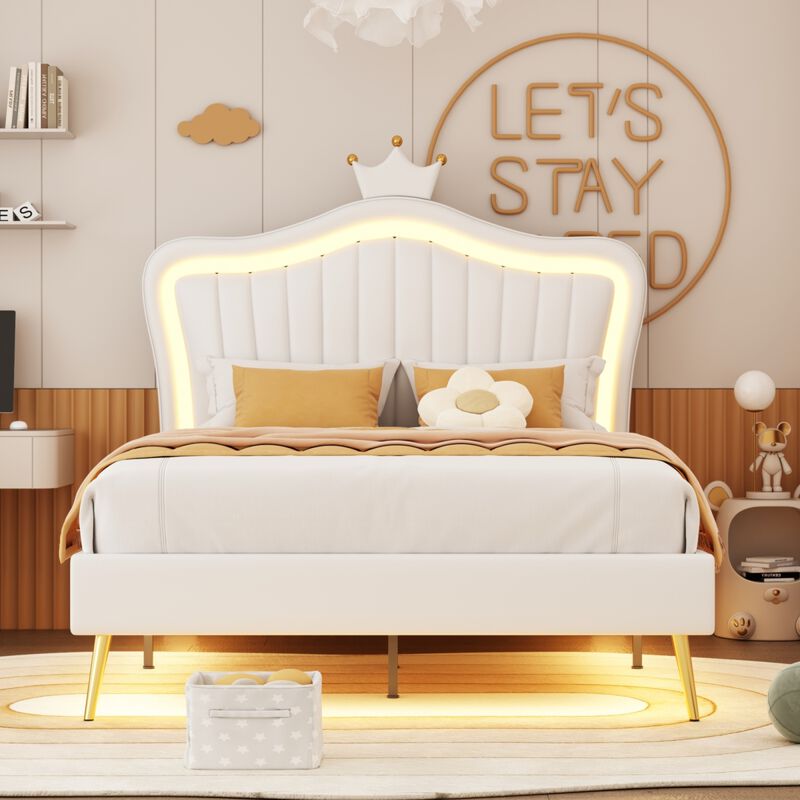 LED Light Upholstered Bed Frame & Crown Headboard