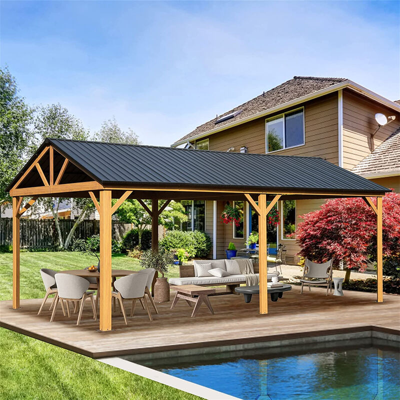 MONDAWE 12x20ft Hardtop Gazebo, Galvanized Steel Gable Roof Gazebo Pergola with Wood Grain Aluminum Frame, Outdoor Permanent Gazebo Pavilion for Patio, Garden (Yellow Brown)