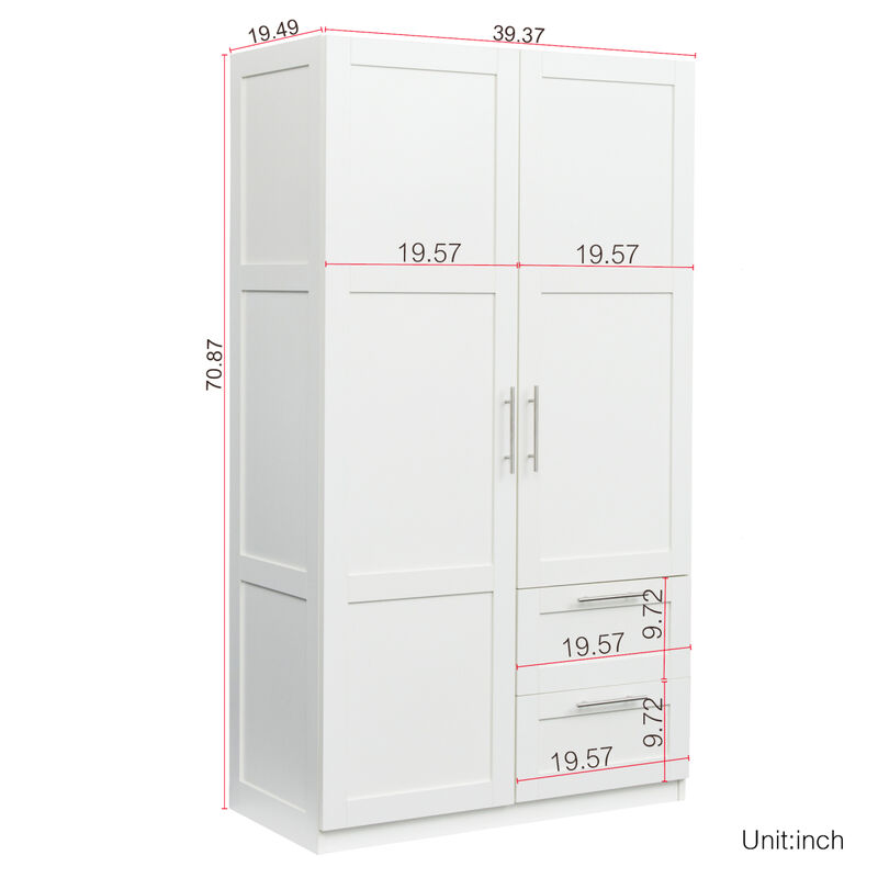High Wardrobe And Kitchen Cabinet With 2 Doors, 2 Drawers And 5 Storage Spaces, White