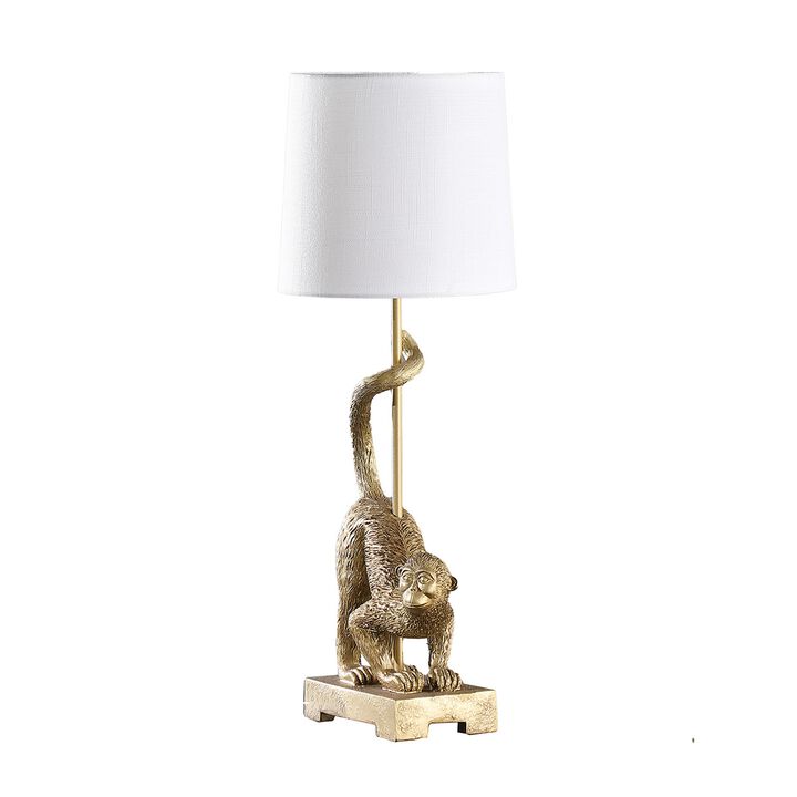 Ree 24 Inch Accent Table Lamp, Monkey Resin Sculpture, Drum Shade, Gold - Benzara