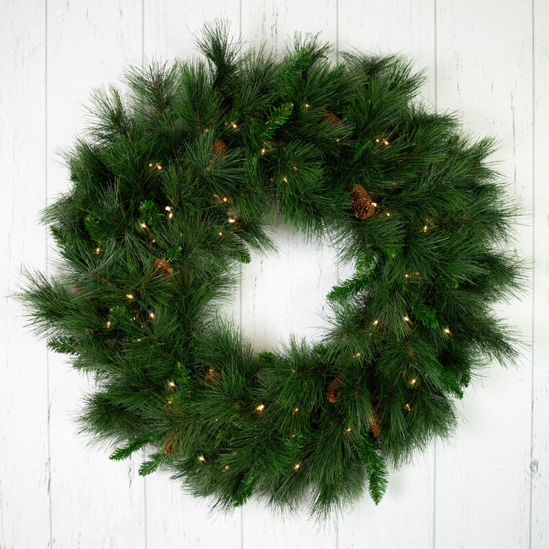 Pre-Lit White Valley Pine Artificial Christmas Wreath with Pinecones  36-Inch  Clear Lights