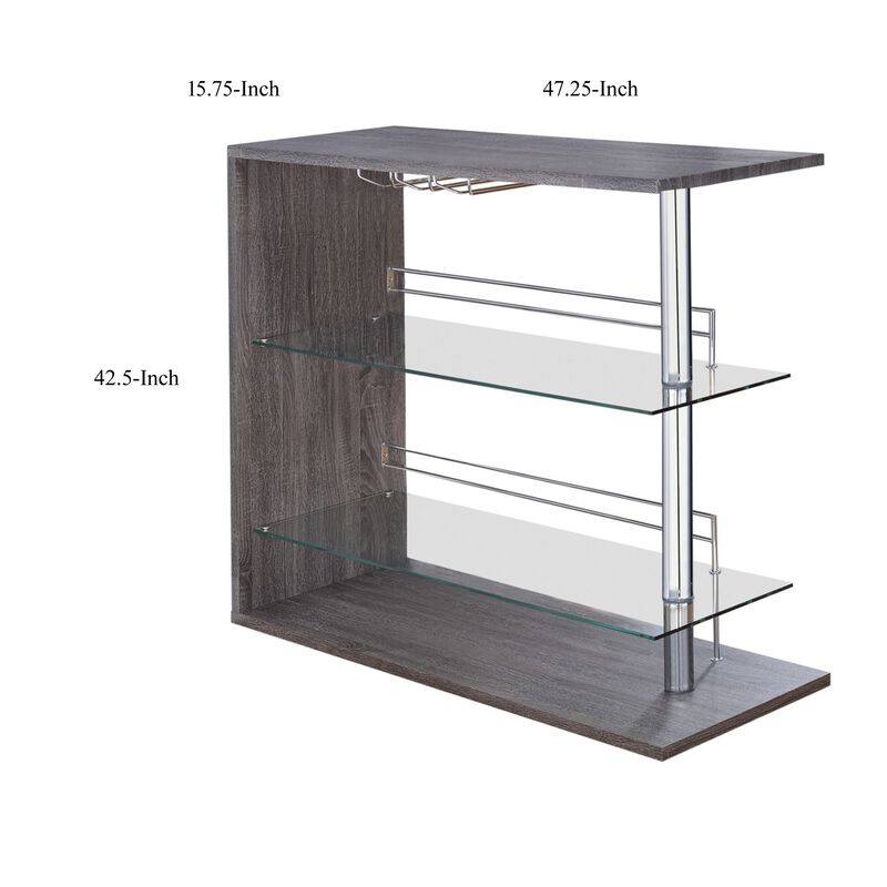 Radiant Rectangular Bar Table with 2 Shelves and Wine Holder, Gray-Benzara