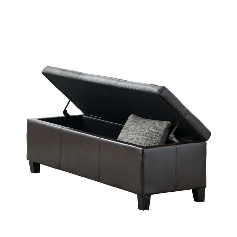 Elias Storage Ottoman Bench, Detailed Brown Faux Leather, 51 Inch -Benzara