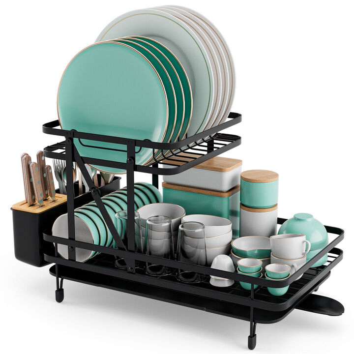 2-Tier Collapsible Dish Rack with Removable Drip Tray for Kitchen Organization and Drying