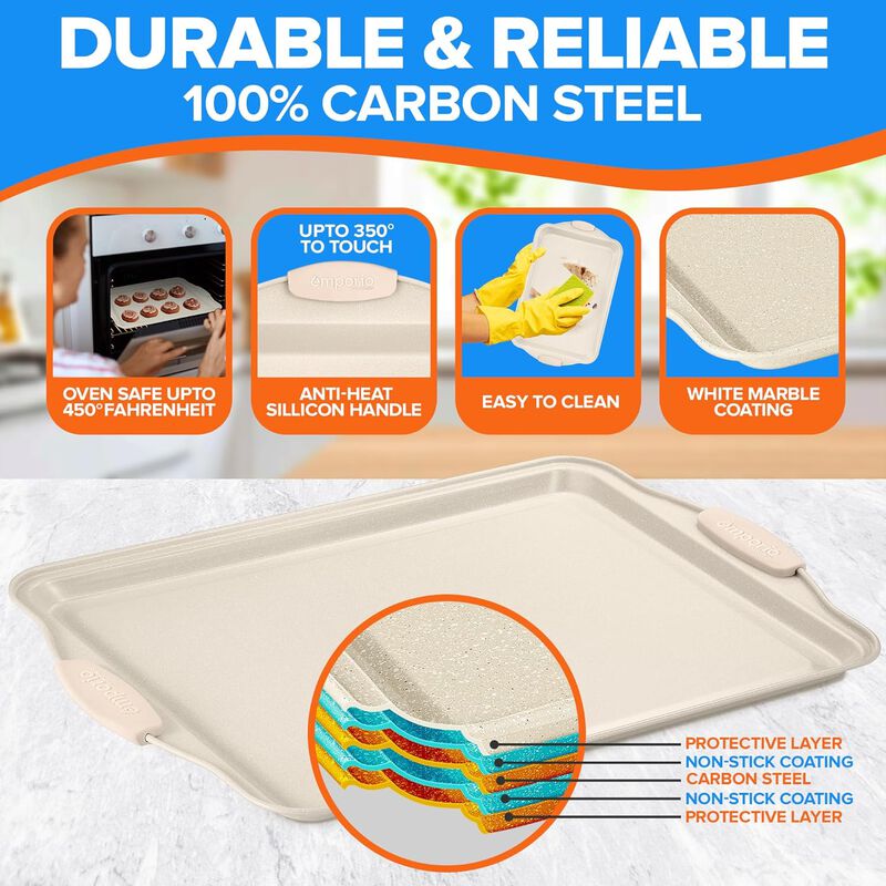 Baking Pan Set - Nonstick Coating, Carbon Steel Bakeware Set with White Silicone Handle, PFOA, PFOS, PTFE Free, Recipe Booklet Included, Oven Safe Tray (Up To 450° F), Set of 8 - White
