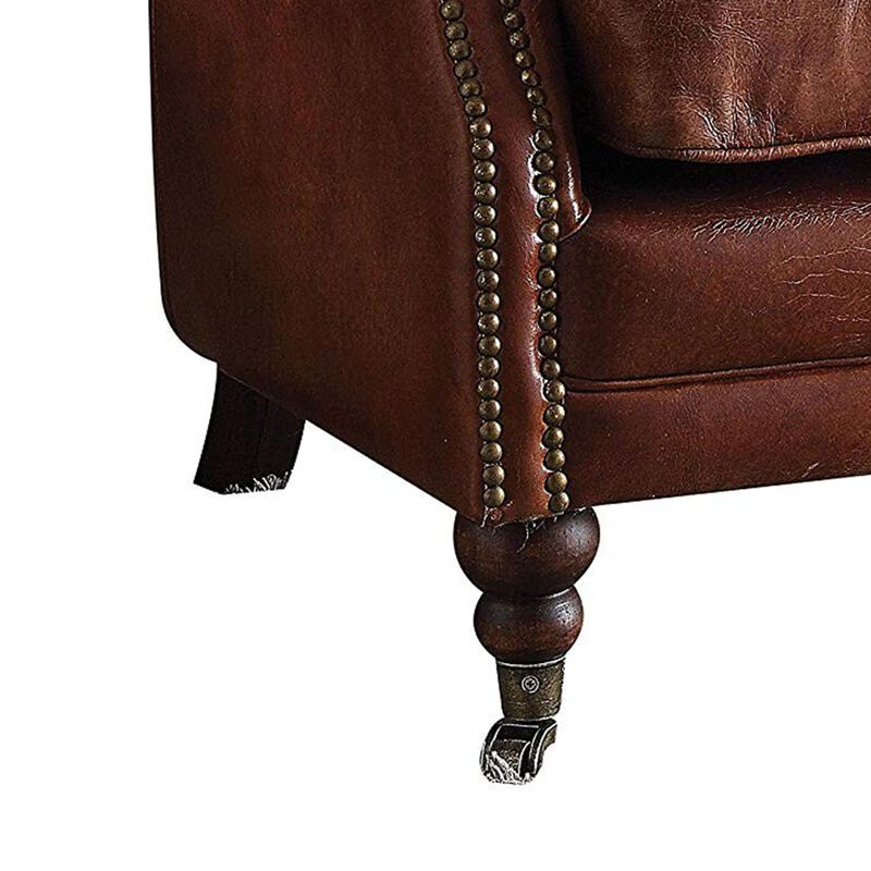 Leather Upholstered Accent Chair With Nail head Trim, Dark Brown-Benzara