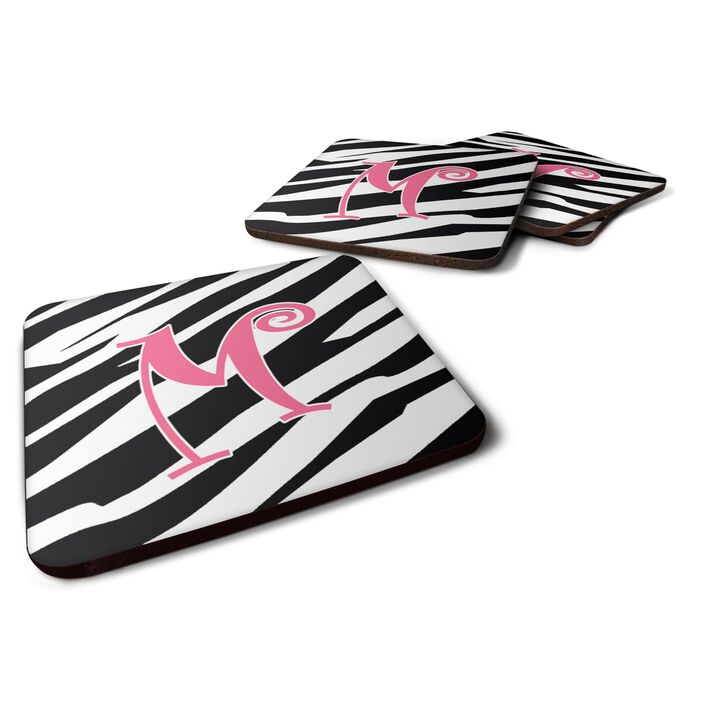 Caroline's Treasures CJ1037-MFC Monogram-Zebra Stripe and Pink Foam Coasters (Set of 4), Initial Letter M, 3.5 H x 3.5 W, Multicolor