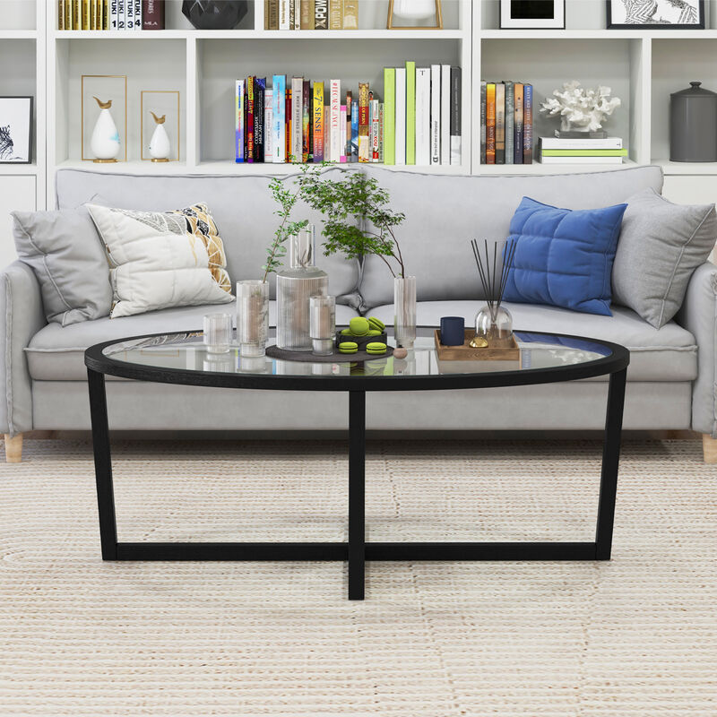 Oval Glass Coffee Table with Cross Base and Acacia Wood Legs for Modern Living Room Decor