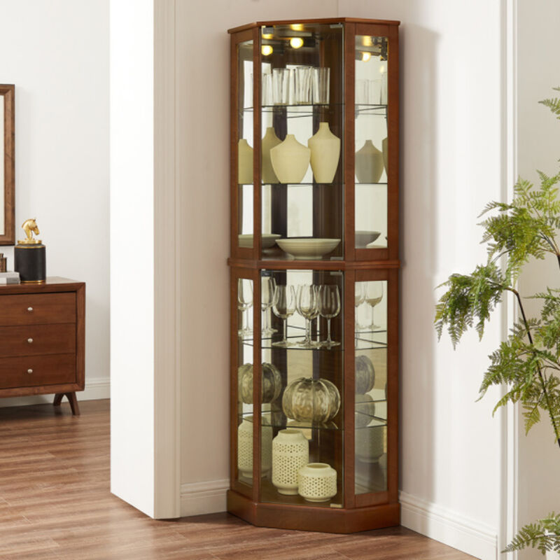 6-Shelf Curio Cabinet with Built-in Lights, Mirrors, and Adjustable Shelves