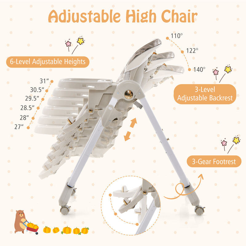 Folding Baby Dining High Chair with Adjustable Height and Recline-Gray