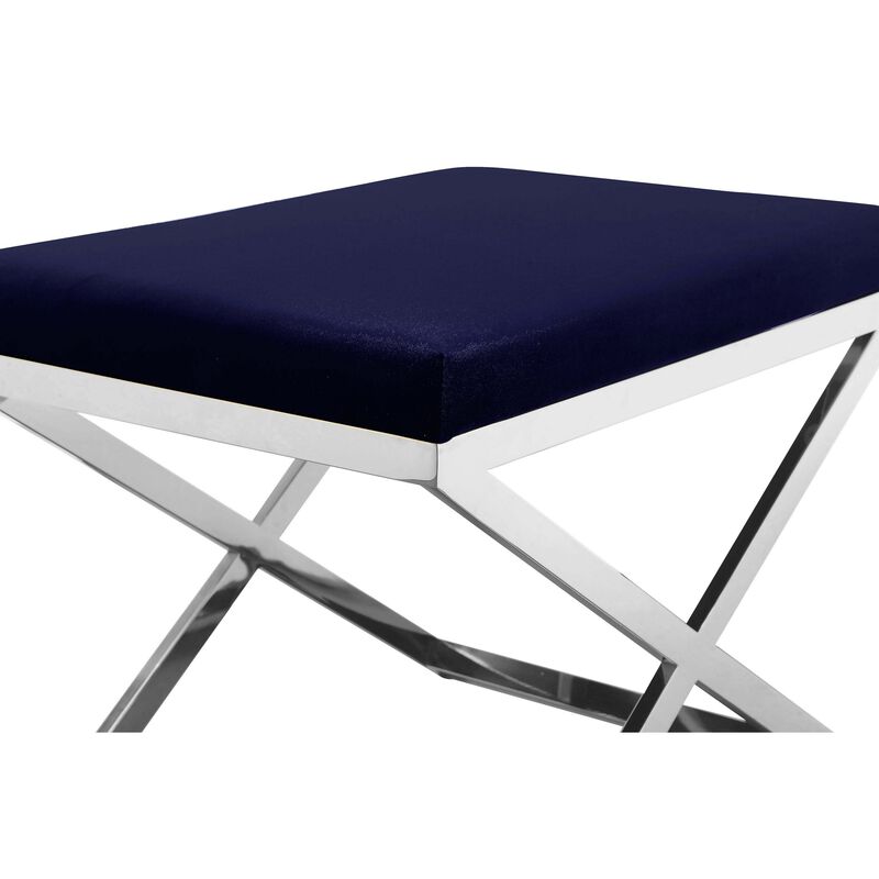 Sovi 20 Inch Accent Stool Ottoman, X Shape Steel Legs, Navy Blue Velvet - Benzara