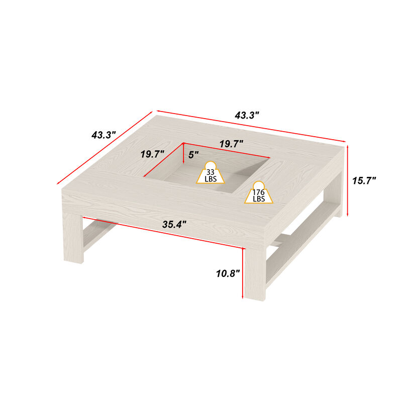 FUFU&GAGA Modern White Wood Coffee Table – Solid Wood, Square Design, Spacious Tabletop with Built-in Storage, Sturdy Frame (43.3" W x 43.3" D x 15.7" H), White
