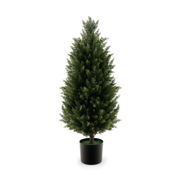 Hivvago 3 Feet Artificial Topiary Cedar Tree with Cement Plastic Pot and Faux Moss-Green