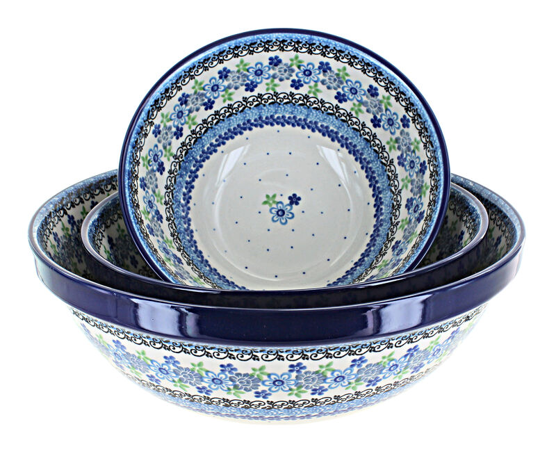 Blue Rose Polish Pottery Eliza 3 Piece Serving Bowl Set