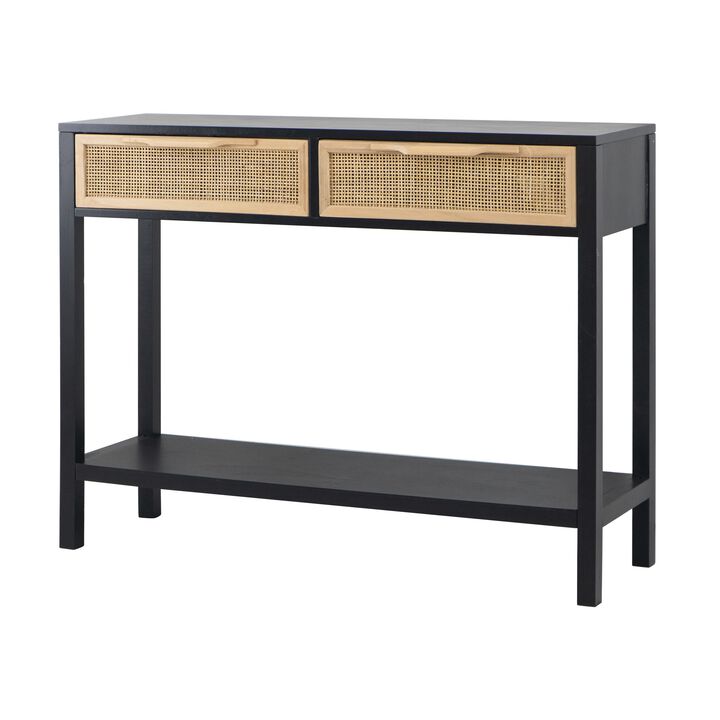 Dana 39 Inch Sofa Console Table, 2 Rattan Drawers, Black Finish, Brown-Benzara