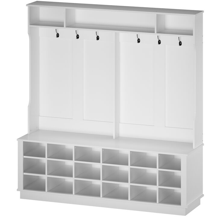 63 in. W White Wood 3-in-1 Hall Tree Coat Rack Shoe Storage Bench with 6-Metal Double Hooks, Shoe Rack and Shelves