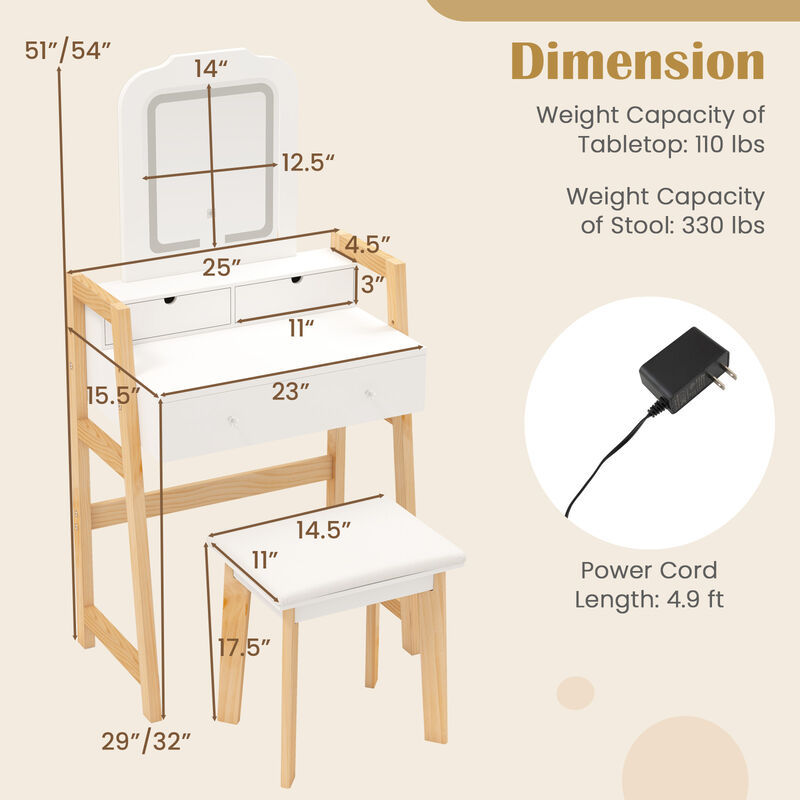 Adjustable Height Vanity Desk Set with 3-Color LED Lighted Mirror and Drawers