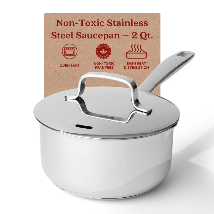 Alva Maestro 18/10 Stainless Steel Sauce Pan with Lid 2 Qt. 6" Scratch Resistant Pot with Pouring Spout Stay Cool Handle, Non Toxic, Compatible with All Stovetops, Oven Safe & Induction Safe