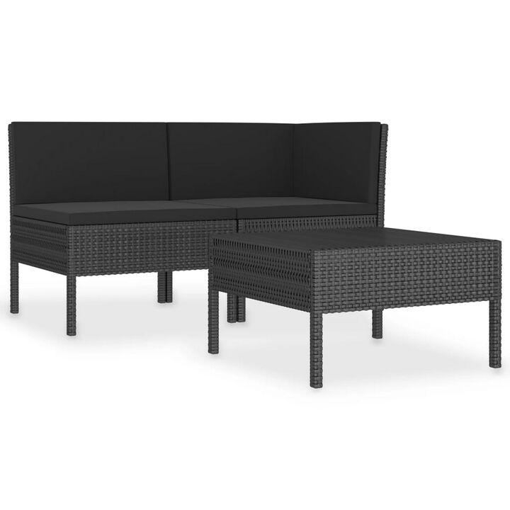 3pc Outdoor Lounge Set, Coffee Table and Loveseat Black Poly Rattan - Benzara