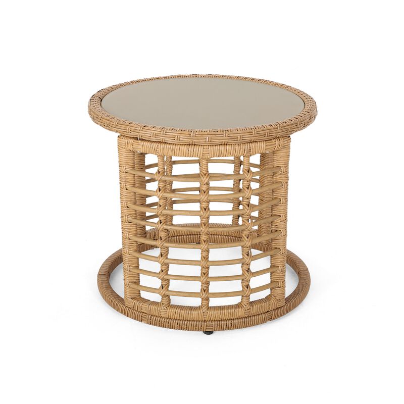 Round Side Table, 18 Inch Tempered Glass Top, Steel, Brown Faux Rattan - Benzara