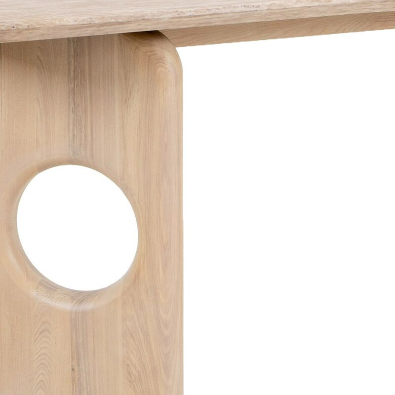 Aky 55 Inch Console Table, Faux Marble Top, Open Panel Frame, Natural Brown - Benzara