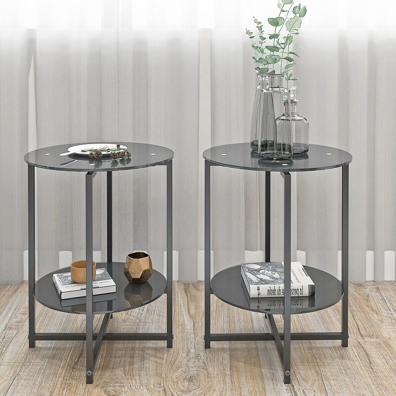 2-Piece Set (Black) Tempered Glass End Table, Round Coffee Table For Bedroom Living Room Office