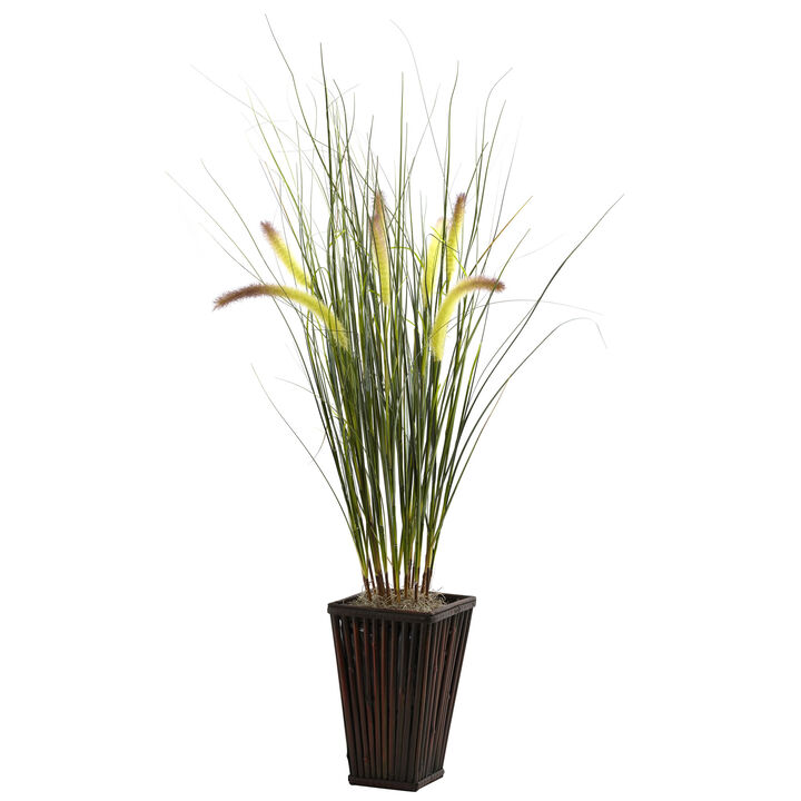 Hivvago Grass w/Cattails & Bamboo Planter