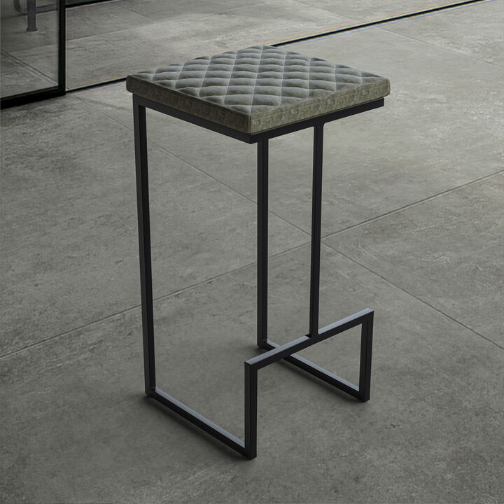 LeisureMod Bar Stool Upholstered in Leather with Diamond-Shaped Stitch Design and Powder-Coated Metal Sled Base for Modern Home, Kitchen, Bars Quincy Collection