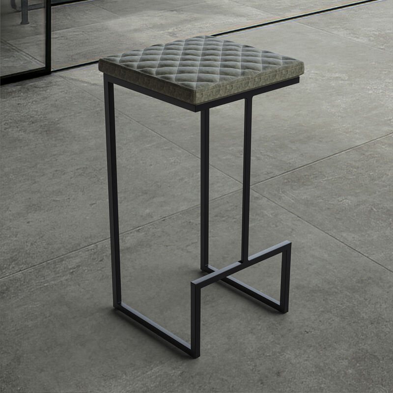 LeisureMod Bar Stool Upholstered in Leather with Diamond-Shaped Stitch Design and Powder-Coated Metal Sled Base for Modern Home, Kitchen, Bars Quincy Collection