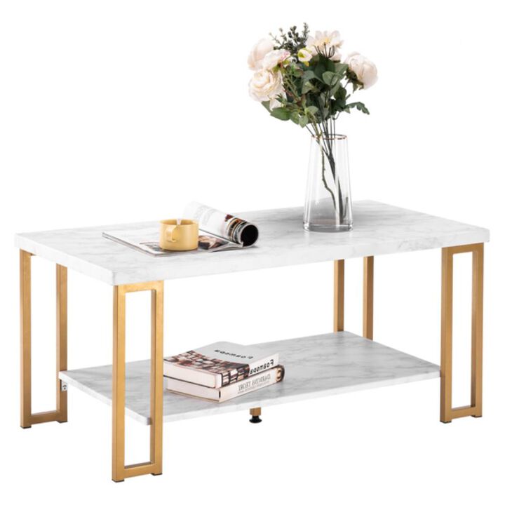 Double-Layer Golden Iron Pipe Marble PVC Coffee Table Rectangular Modern Living Room Table