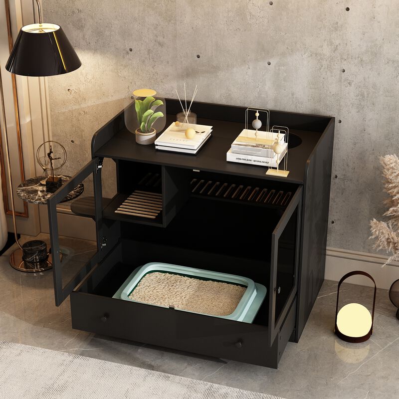 Extra Large Cat Litter Box Furniture Hidden, Cat Condo Pet House with Stairs, Cat Litter House for Living Room, Black