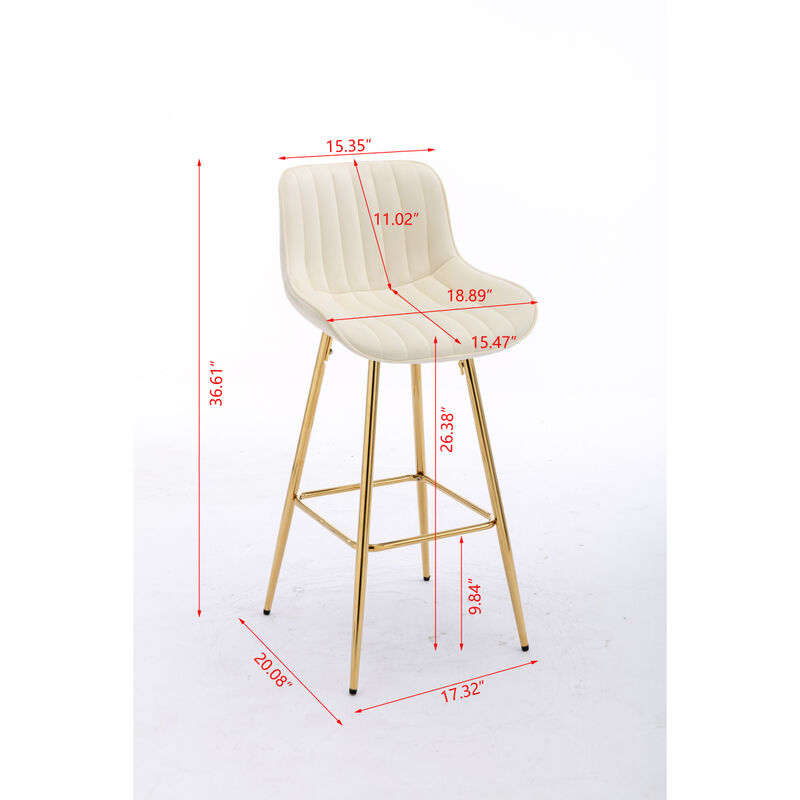 26 Inch Set of 2 Bar Stools, with Chrome Footrest Velvet Fabric Counter Stool Golden Leg Simple Bar Stool, CREAM