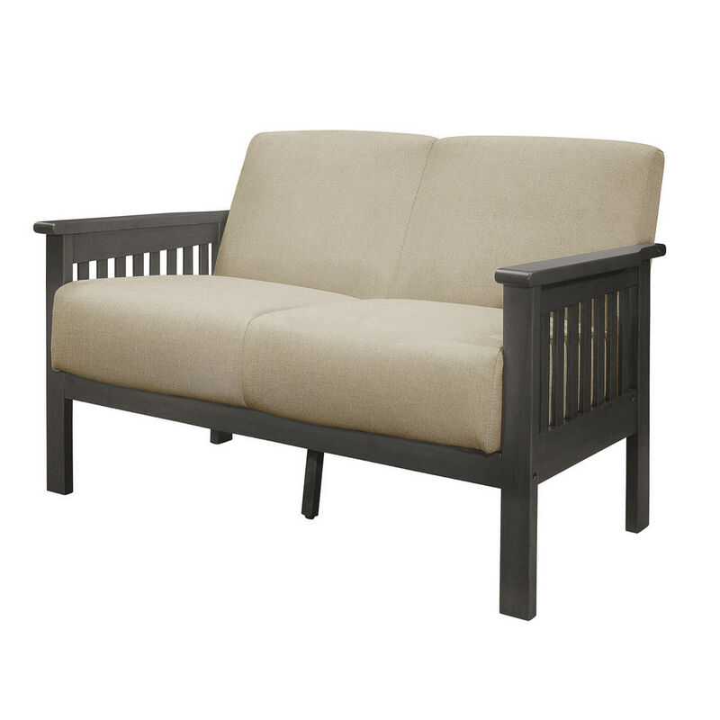 Wiston 50 Inch Loveseat, Beige Polyester, Dark Gray Solid Rubberwood - Benzara