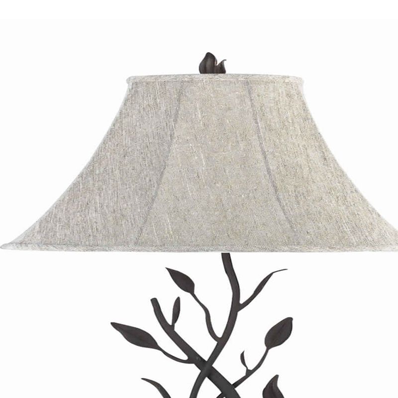 Metal Floor Lamp with Leaf Accent Body and Fabric Bell Shade,Black and Gray-Benzara