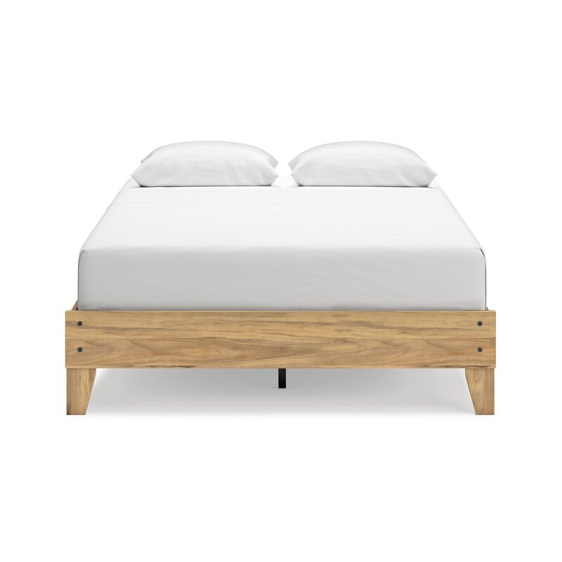 Maci Queen Platform Bed, Natural Light Brown Wood, Low Profile Legs - Benzara
