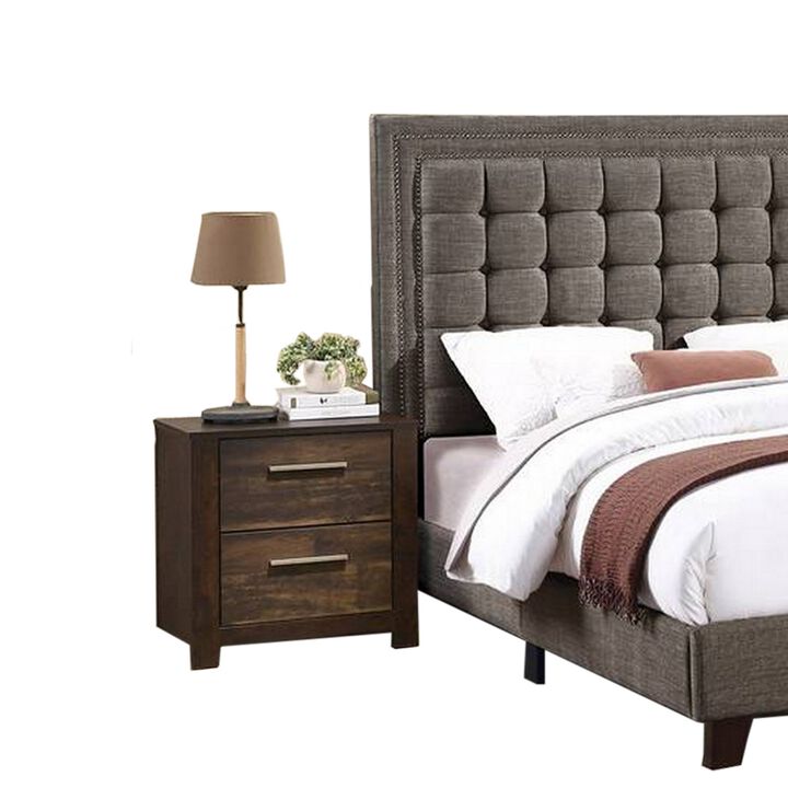 Zofi Modern Queen Size Bed, Deep Square Tufted Upholstery, Taupe Polyester - Benzara