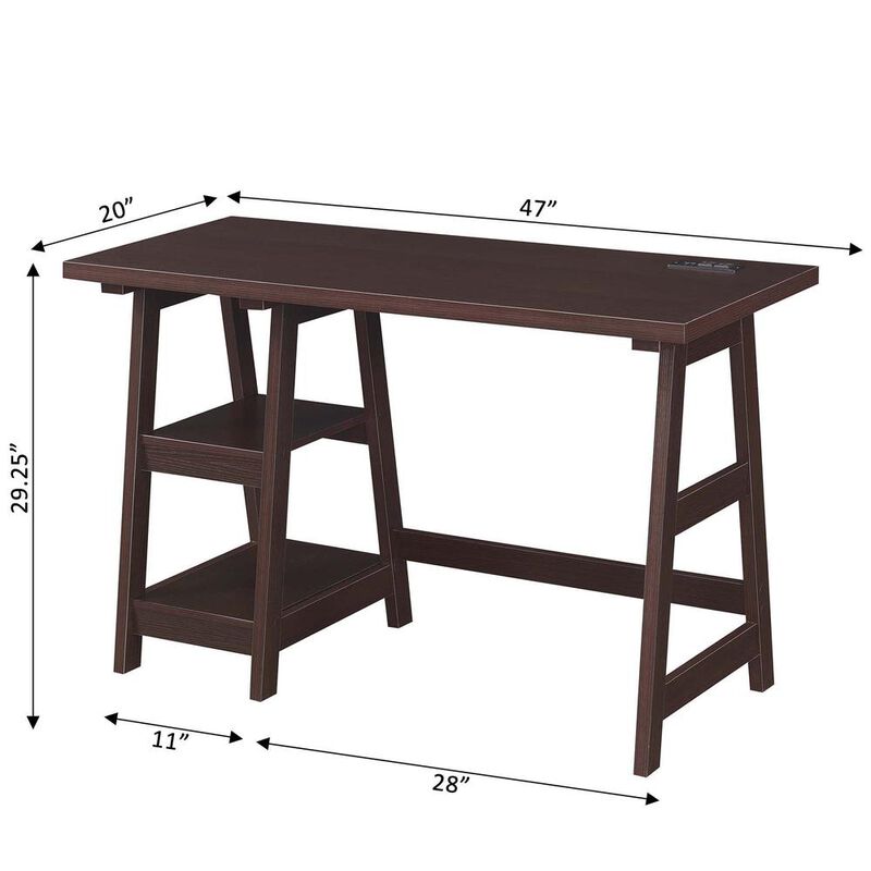 Convenience Concepts Designs2Go Trestle Desk with Charging Station, Espresso