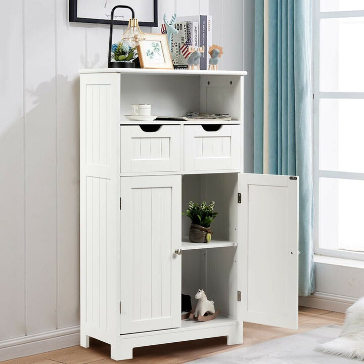 Costway Bathroom Floor Cabinet Wooden Storage Organizer Side Cabinet W/2 Drawer 2 Doors