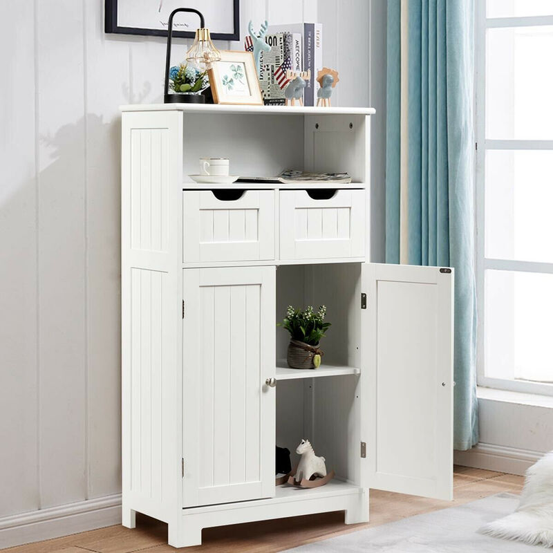 Costway Bathroom Floor Cabinet Wooden Storage Organizer Side Cabinet W/2 Drawer 2 Doors