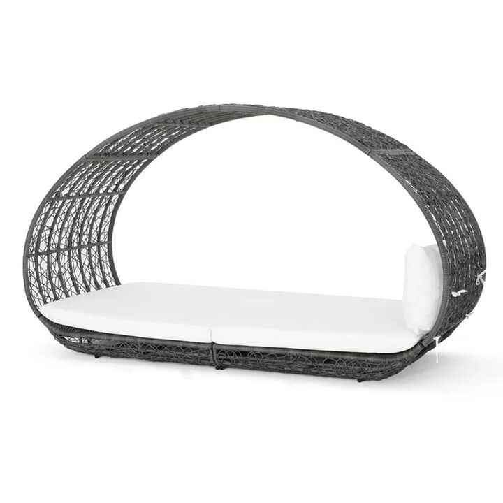 Outdoor Canopy Daybed, Gray Faux Rattan Frame with Off White Cushions - Benzara