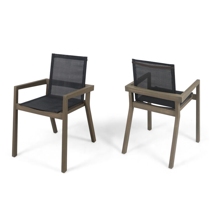 Side Dining Chair Set of 2, Angled Legs, Gray Mesh, Brown Acacia Wood - Benzara
