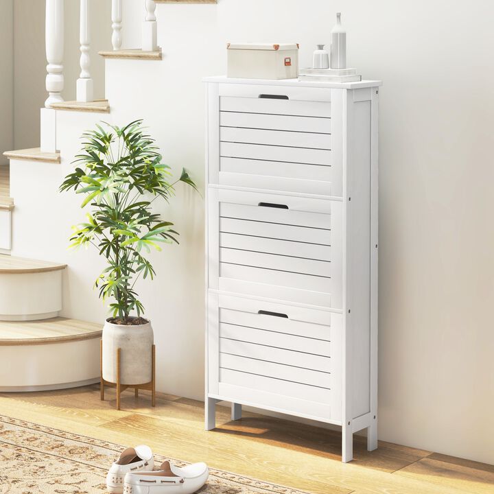 White Modern Shoe Cabinet: 3 Flip Drawers, 6-Pair Capacity